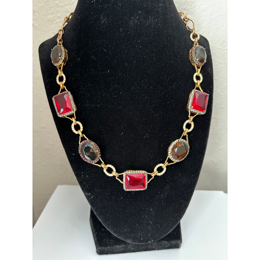 Vintage Goldtone Statement Necklace Faceted Glass Stones  Red Brown Avon?